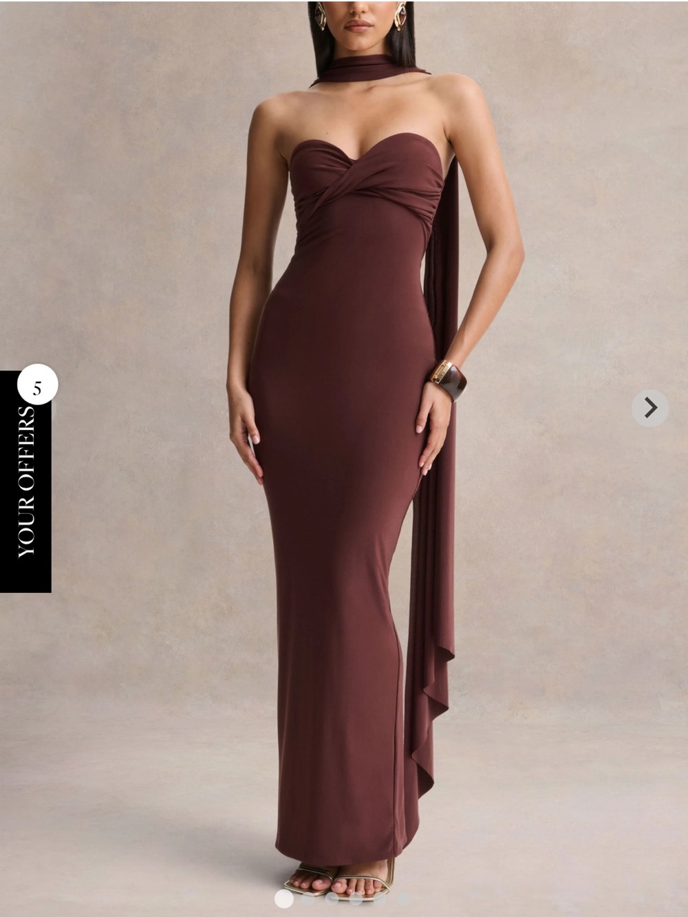 Club L London Strapless Brown Fitted Evening Gown with Scarf Detail